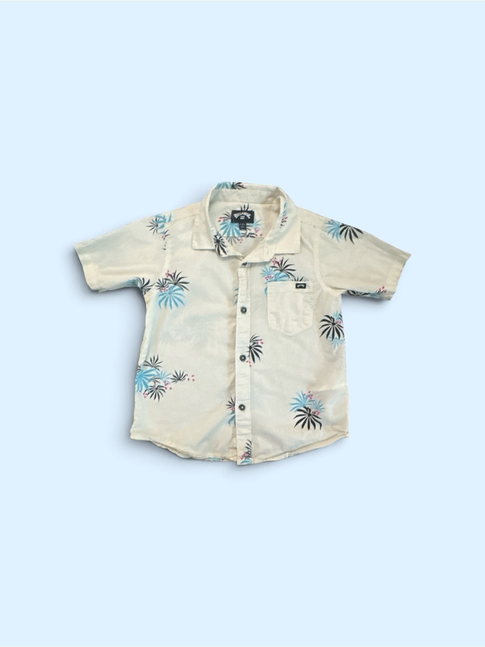 Billabong Cream Short Sleeve Button-Up with Blue Floral Print Kids Size 7 Shirt
